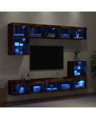 Unités murales TV avec LED 8 pcs chêne fumé bois d'ingénierie | Mobilier & Déco