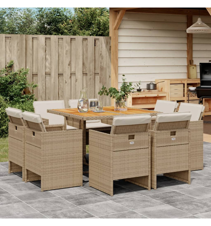 Ensemble à manger de jardin et coussins 9 pcs beige Poly rotin | Mobilier & Déco