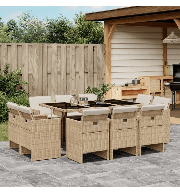 Ensemble à manger de jardin et coussins 11 pcs beige poly rotin | Mobilier & Déco