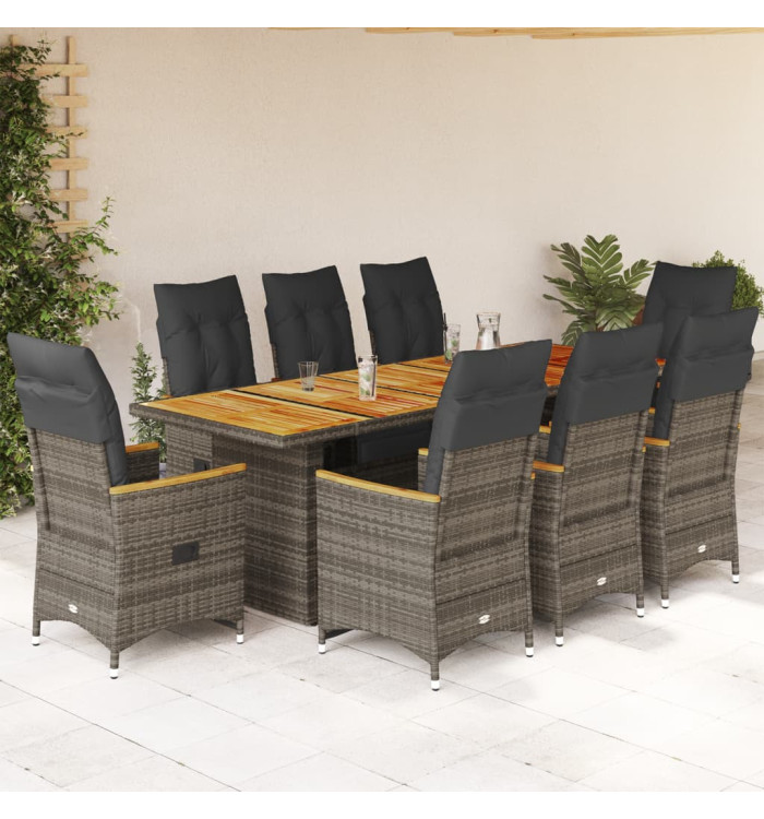 Ensemble de bistro de jardin 9 pcs coussins gris poly rotin | Mobilier & Déco