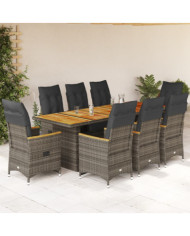 Ensemble de bistro de jardin 9 pcs coussins gris poly rotin | Mobilier & Déco