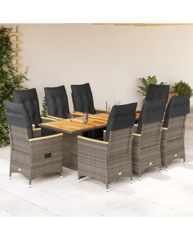 Ensemble de bistro de jardin 9 pcs coussins gris poly rotin | Mobilier & Déco