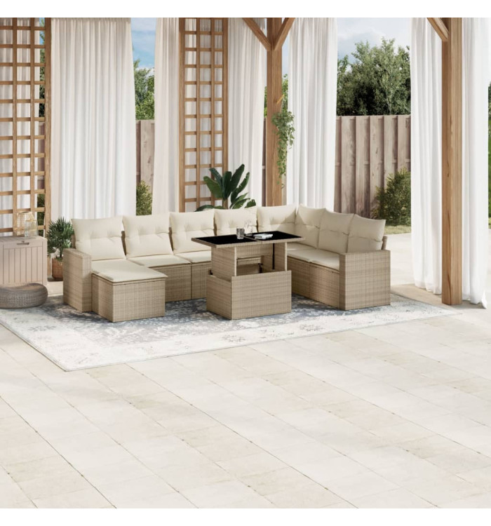 Salon de jardin avec coussins 9 pcs beige résine tressée | Mobilier & Déco