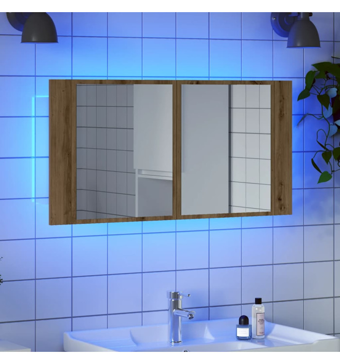 Armoire à miroir LED chêne artisanal 90x12x45cm bois ingénierie | Mobilier & Déco