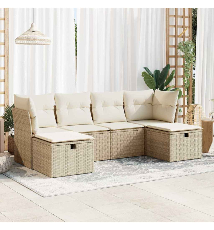 Salon de jardin avec coussins 6 pcs beige résine tressée | Mobilier & Déco