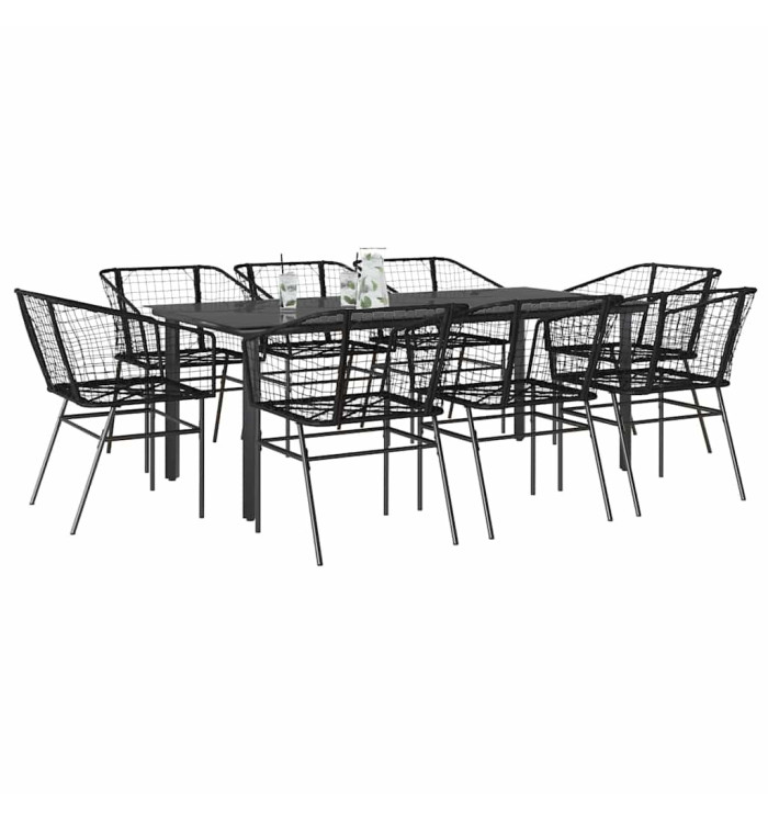 Ensemble à manger de jardin 9pcs noir poly rotin verre | Mobilier & Déco