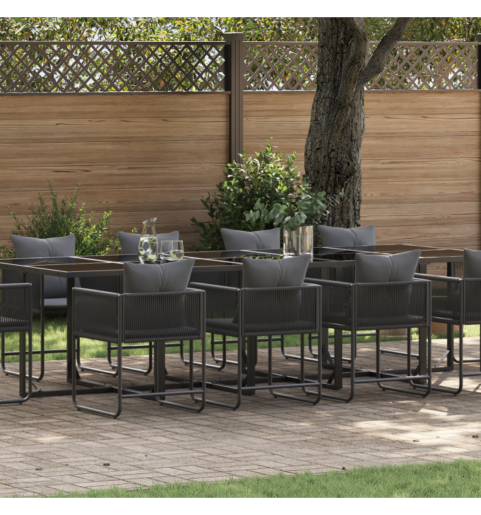 Ensemble de salle à manger de jardin de 15 pièces avec coussins en acier et poly rotin | Mobilier & Déco