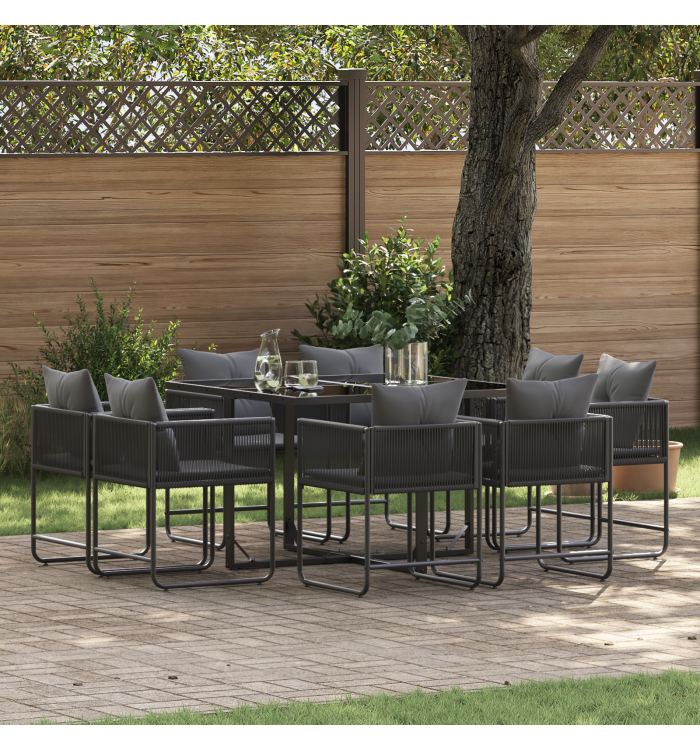 Ensemble de salle à manger de jardin 10 pièces avec coussins en acier et poly rotin | Mobilier & Déco