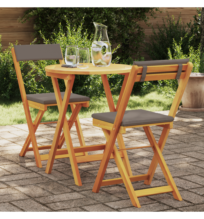 Ensemble Bistro Pliable 3 Pièces avec Coussins en Bois Massif Acacia | Mobilier & Déco