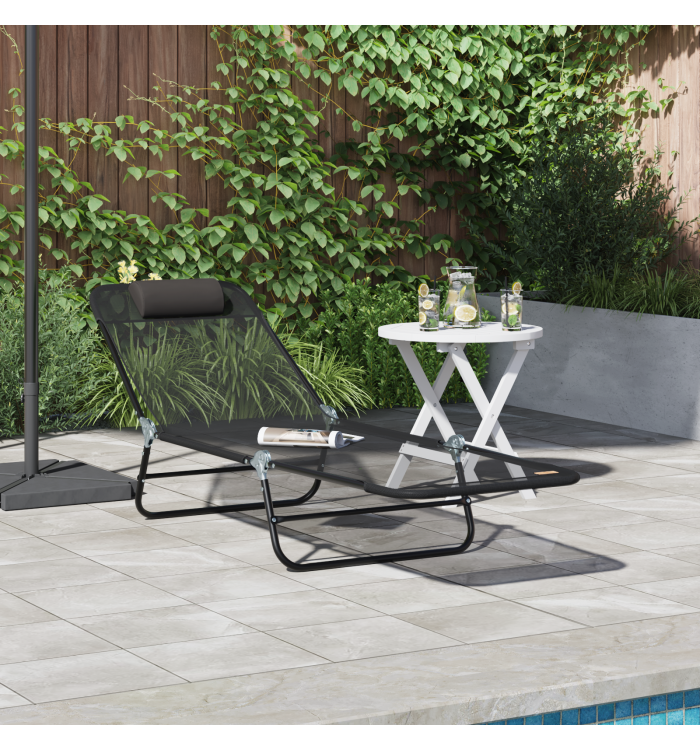 Chaise Longue Pliante avec Têtière Textilène Noire | Mobilier & Déco
