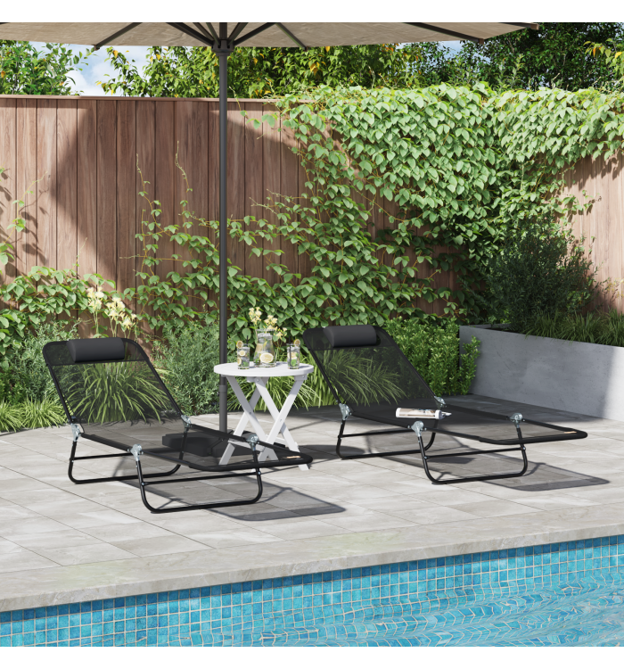 Chaises longues pliantes 2 pcs avec appuie-tête noir Textilène | Mobilier & Déco