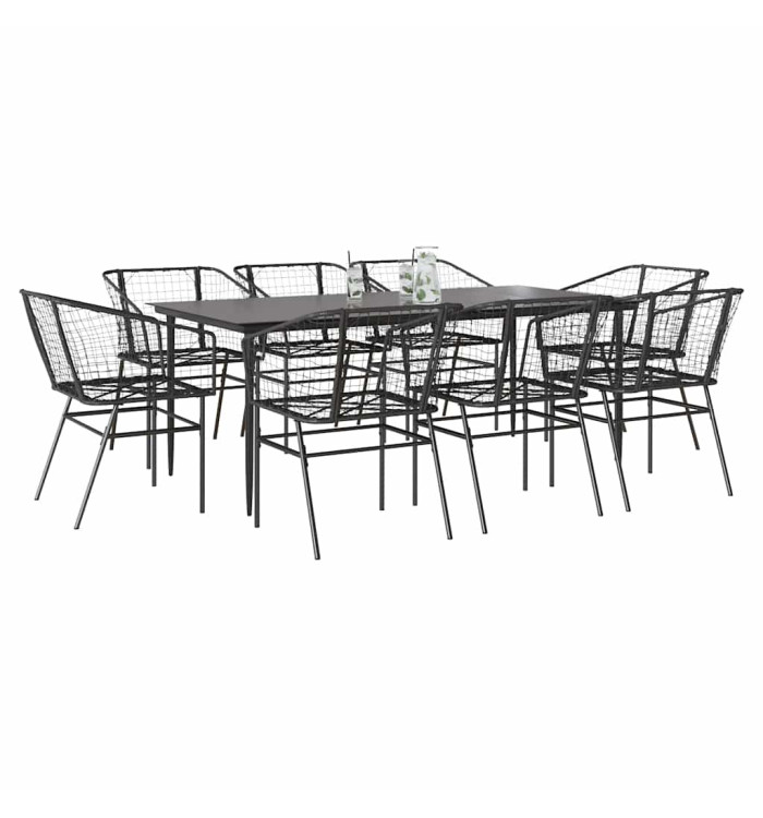 Ensemble à manger de jardin 9pcs noir poly rotin verre | Mobilier & Déco