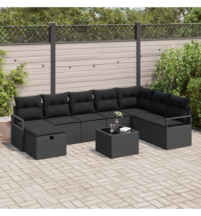 Ensemble de Canapé de Jardin 9 Pièces avec Coussins en Rattan Poly Noir | Mobilier & Déco
