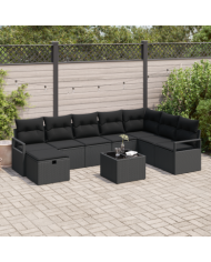 Ensemble de Canapé de Jardin 9 Pièces avec Coussins en Rattan Poly Noir | Mobilier & Déco