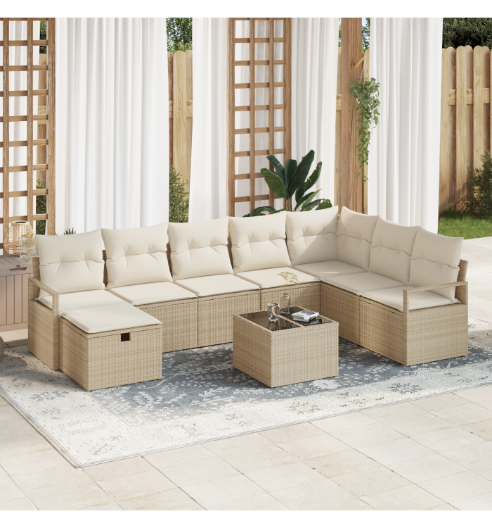 Ensemble de Canapés de Jardin 9 Pièces avec Coussins Beige en Poly Rattan | Mobilier & Déco