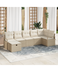 Ensemble de canapé de jardin 7 pièces avec coussins beige en rotin synthétique | Mobilier & Déco