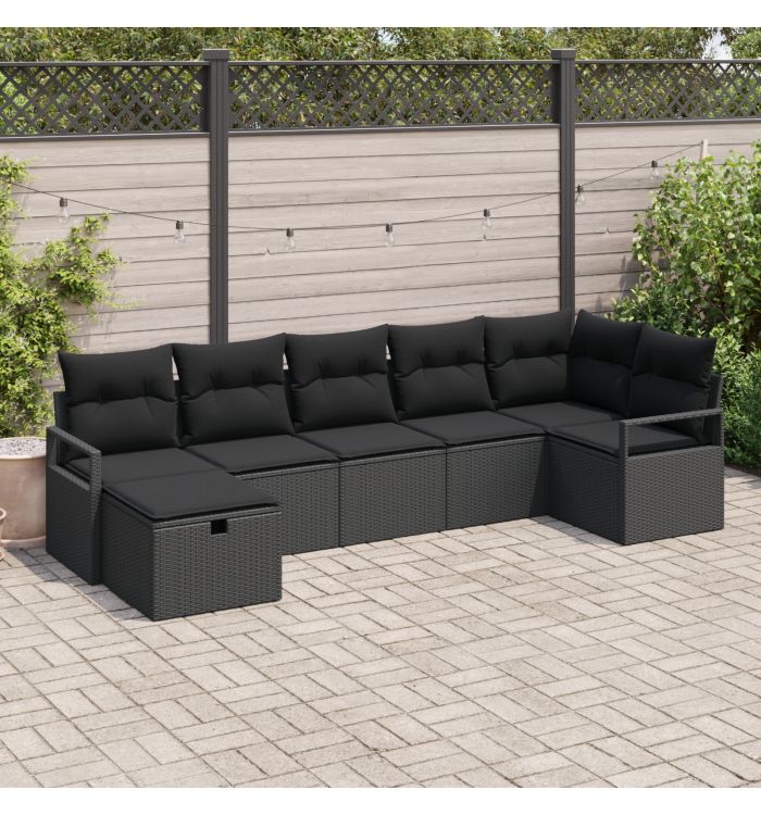 Ensemble de canapé de jardin de 7 pièces avec coussins Noir Rotin Poly, Canapé de jardin 2 places avec coussins Noir Rotin Poly 
