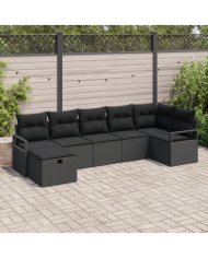 Ensemble de canapé de jardin de 7 pièces avec coussins Noir Rotin Poly, Canapé de jardin 2 places avec coussins Noir Rotin Poly 