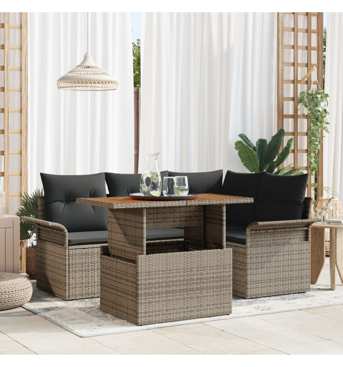 Ensemble de Canapés de Jardin de 5 Pièces avec Coussins Gris Poly Rotin | Mobilier & Déco