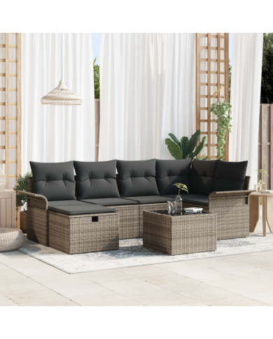 Ensemble de canapé de jardin 7 pièces avec coussins gris en poly rattan | Mobilier & Déco