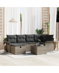 Ensemble de canapé de jardin 7 pièces avec coussins gris en poly rattan | Mobilier & Déco