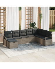 Set de canapé jardin 8 pièces avec coussins gris en poly rattan, Canapé jardin 2 places avec coussins gris en poly rattan | Mobi