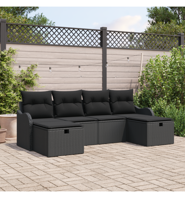 Canapé de jardin 6 pièces avec coussins en rotin poly noir, Canapé de jardin 2 places avec coussins en rotin poly noir | Mobilie