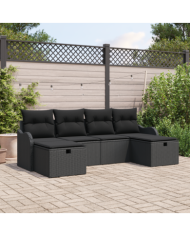 Canapé de jardin 6 pièces avec coussins en rotin poly noir, Canapé de jardin 2 places avec coussins en rotin poly noir | Mobilie