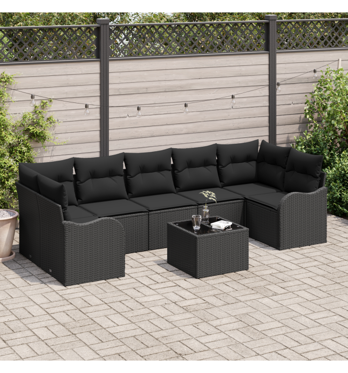 Ensemble de Canapé de Jardin 8 Pièces avec Coussins Noir Poly Rattan, Canapé de Jardin 2 Places avec Coussins Noir Poly Rattan |