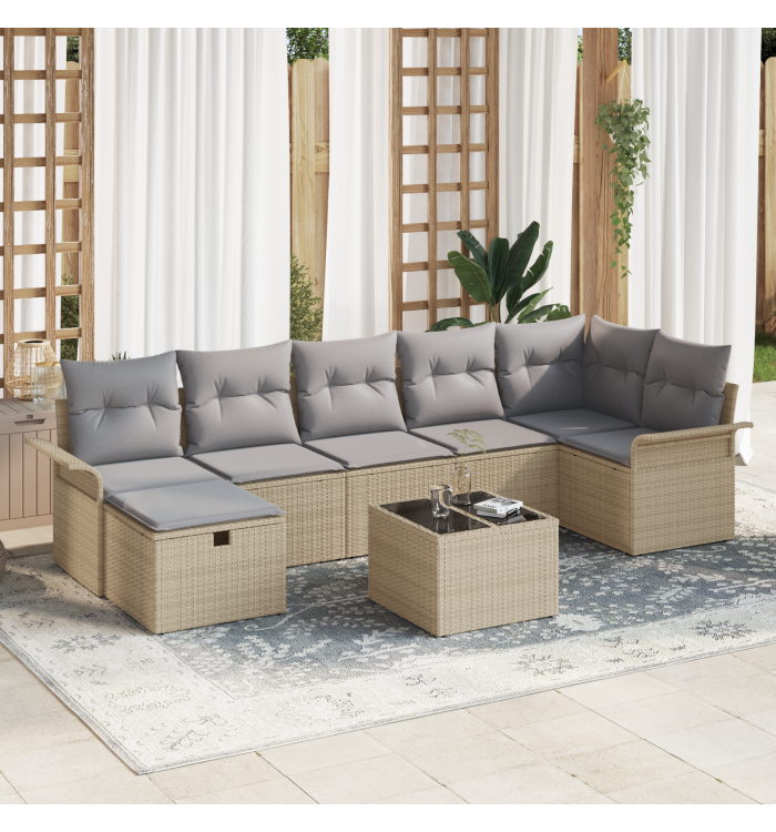 Ensemble de canapé de jardin 8 pièces avec coussins en poly rattan beige | Mobilier & Déco