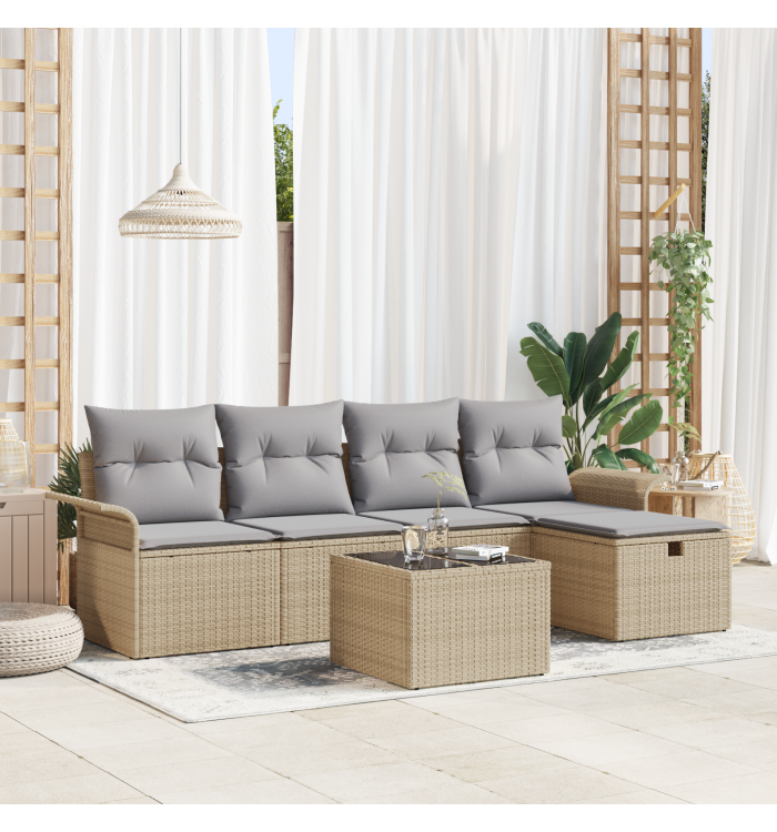 Ensemble de canapé de jardin modulable 6 pièces avec coussins en rotin beige | Mobilier & Déco