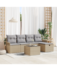 Ensemble de canapé de jardin modulable 6 pièces avec coussins en rotin beige | Mobilier & Déco