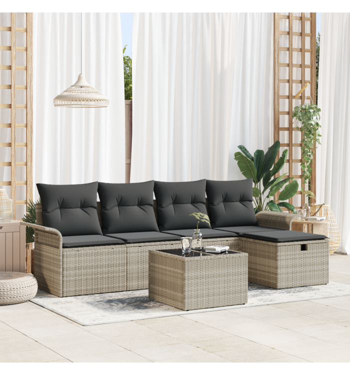 Ensemble de Canapé de Jardin de 6 pièces avec Coussins Gris Clair Poly Rattan | Mobilier & Déco