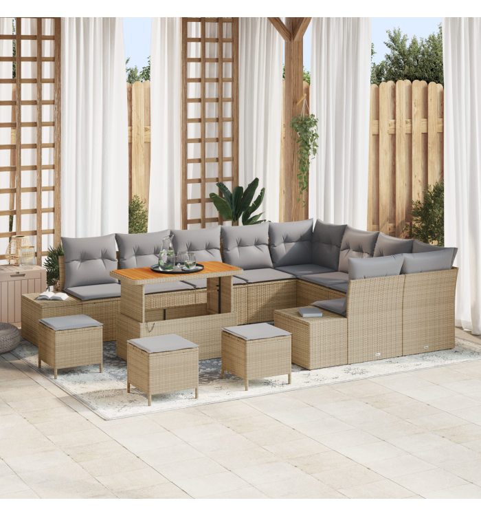Ensemble de jardin 13 pièces avec coussins beige poly rattan acacia | Mobilier & Déco