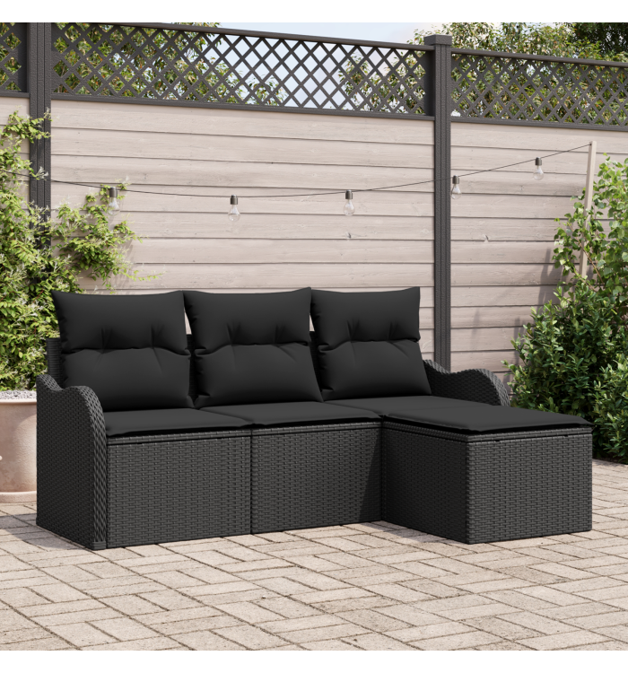 Ensemble de Canapé de Jardin 4 Pièces avec Coussins en Rotin Poly Noir | Mobilier & Déco