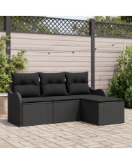 Ensemble de Canapé de Jardin 4 Pièces avec Coussins en Rotin Poly Noir | Mobilier & Déco
