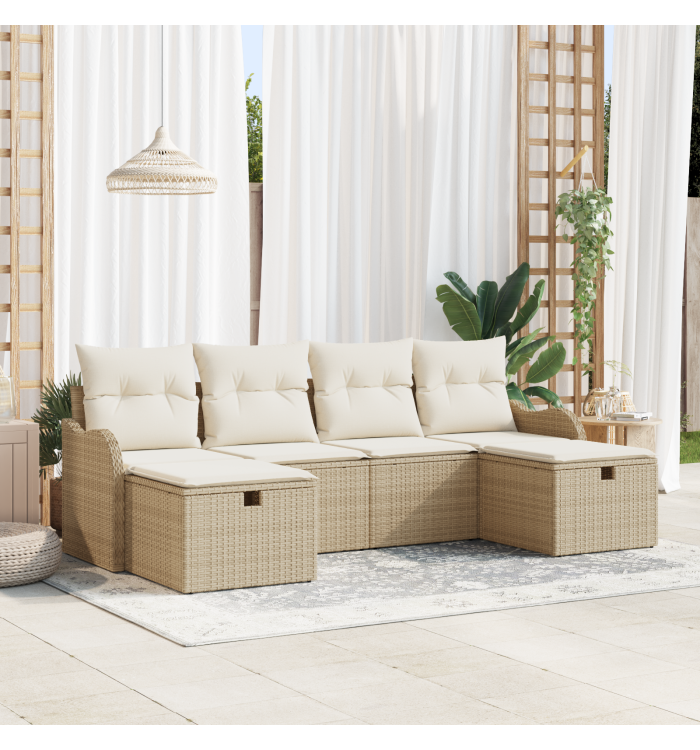Ensemble de canapé de jardin 6 pièces avec coussins Beige Poly Rotin, Canapé de jardin 2 places avec coussins Beige Poly Rotin