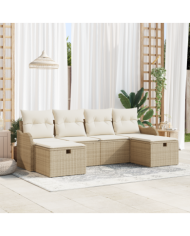 Ensemble de canapé de jardin 6 pièces avec coussins Beige Poly Rotin, Canapé de jardin 2 places avec coussins Beige Poly Rotin