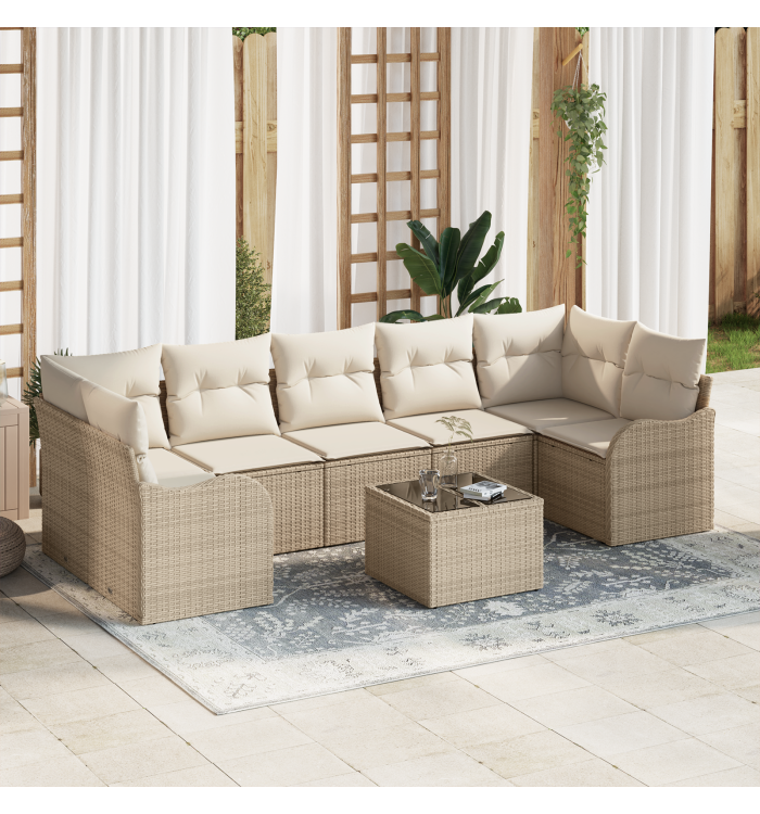 Set de canapé de jardin 8 pièces avec coussins beige en polyrotin, Sofa de jardin 2 places avec coussins beige en polyrotin | 