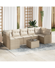 Set de canapé de jardin 8 pièces avec coussins beige en polyrotin, Sofa de jardin 2 places avec coussins beige en polyrotin | 