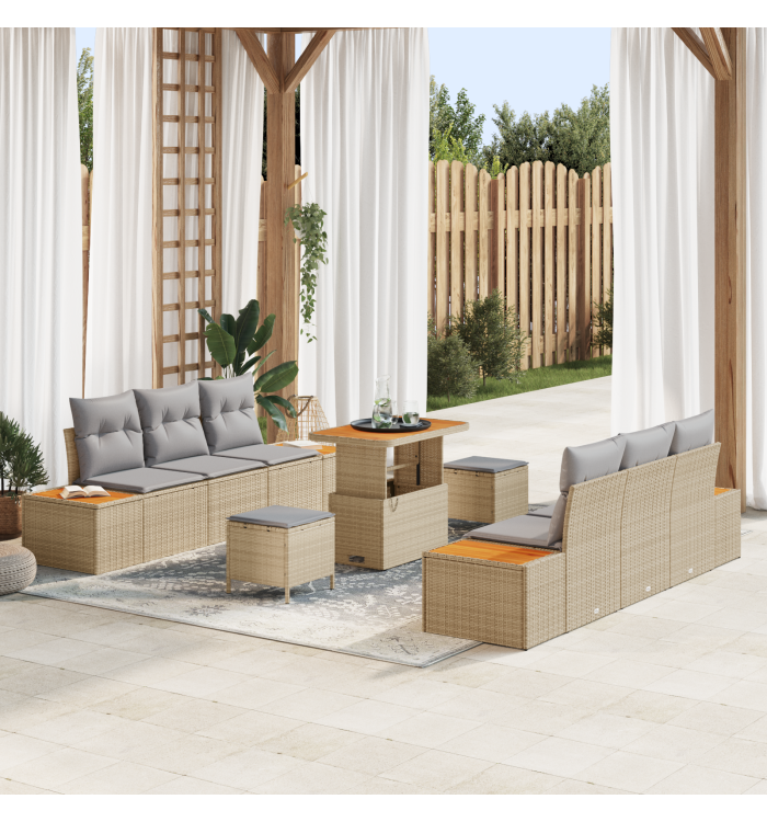 Ensemble de canapé de jardin 9 pièces avec coussins Beige Poly Rattan Acacia | Mobilier & Déco