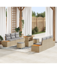 Ensemble de canapé de jardin 9 pièces avec coussins Beige Poly Rattan Acacia | Mobilier & Déco