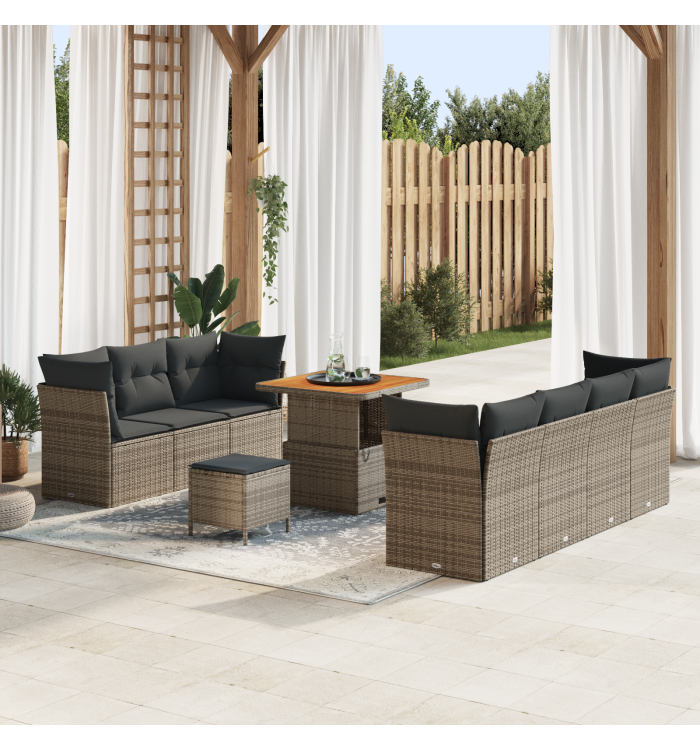 Canapé de jardin 10 pièces avec coussins Gris Poly Rattan, Salle à manger de jardin 3 pièces avec coussins Gris Poly Rattan | Mo