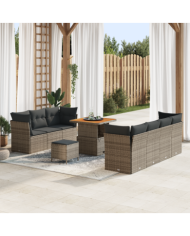 Canapé de jardin 10 pièces avec coussins Gris Poly Rattan, Salle à manger de jardin 3 pièces avec coussins Gris Poly Rattan | Mo