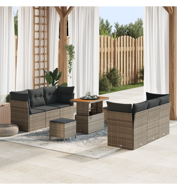 Ensemble de Sofa de Jardin 9 Pièces avec Coussins Gris Rattan Poly Acacia | Mobilier & Déco