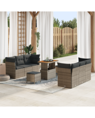 Ensemble de Sofa de Jardin 9 Pièces avec Coussins Gris Rattan Poly Acacia | Mobilier & Déco