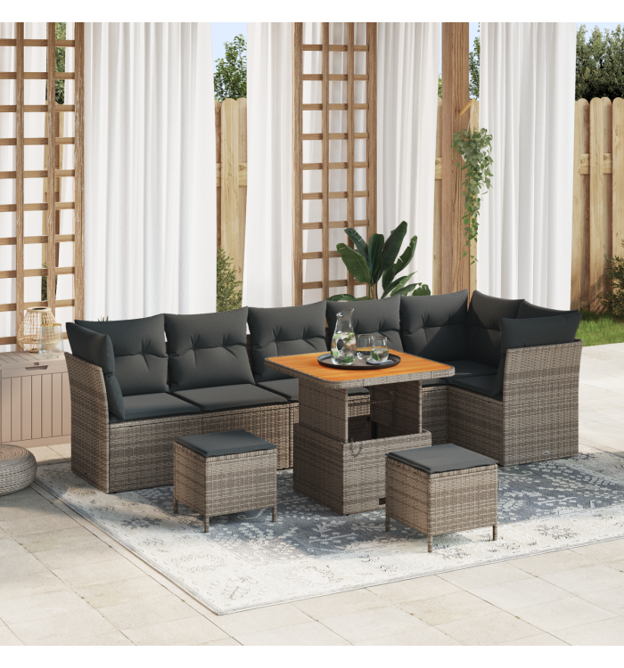 Ensemble de Canapé de Jardin 9 pièces avec Coussins Gris Poly Rattan Acacia | Mobilier & Déco