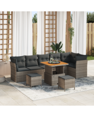 Ensemble de Canapé de Jardin 9 pièces avec Coussins Gris Poly Rattan Acacia | Mobilier & Déco