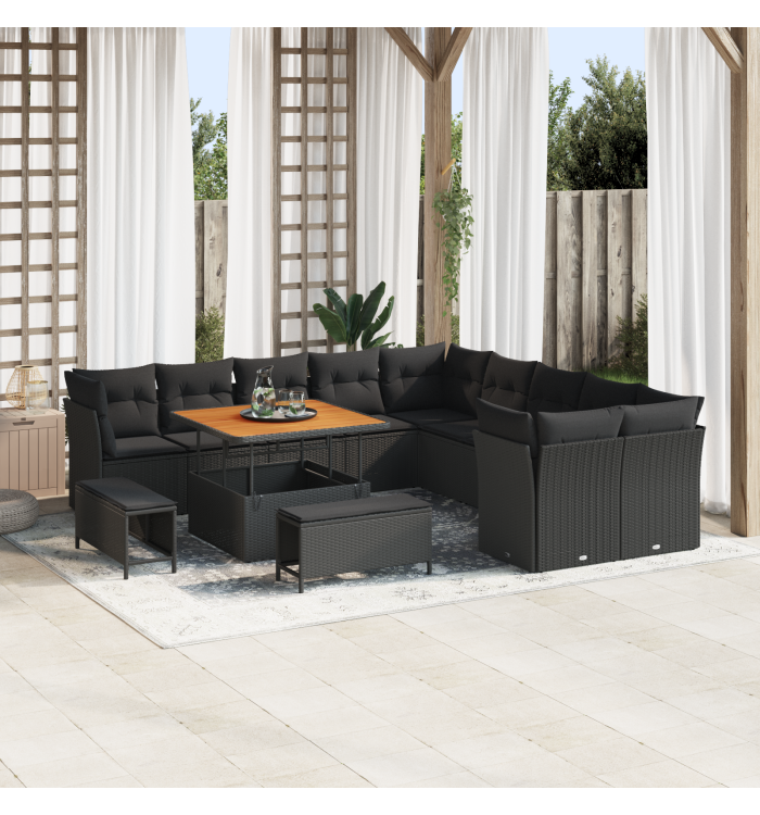 Canapé jardin 13 pièces avec coussins noir rotin acacia, Salon jardin 3 pièces avec coussins noir rotin acacia | Mobilier & Déco