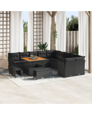 Canapé jardin 13 pièces avec coussins noir rotin acacia, Salon jardin 3 pièces avec coussins noir rotin acacia | Mobilier & Déco